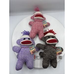Schylling Sock Monkey Babies Plush Lot 3 Purple Pink Brown Stuffed Toy Monkeys